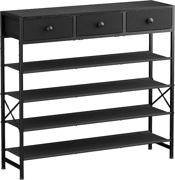 5 Tier Shoe Rack with 3 Drawers Black | Holds 24-30 Pairs, 3 Drawers for Accessories, Fabric Shelves Keep Shoes Dust-Free, Quick 20-Min Assembly