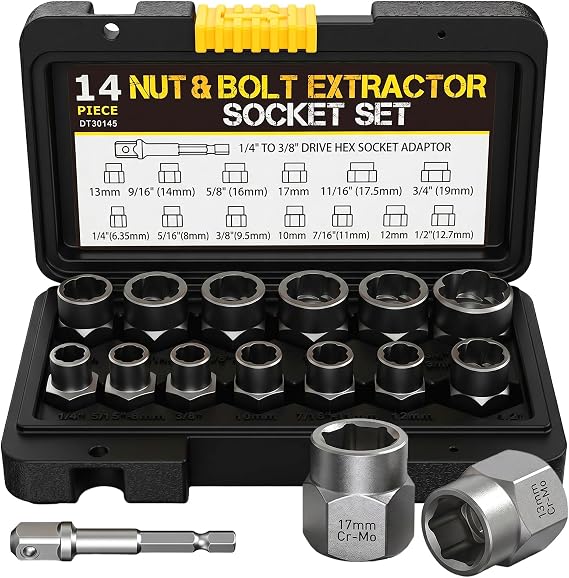 Bolt Extractor Set Heavy Duty, 14Pcs Impact Nut & Bolt Remover Kit with 3/8" Adapter, Stripped Lug Nut Extractor Tool for Rusted, Rounded, Damaged Nuts & Screws
