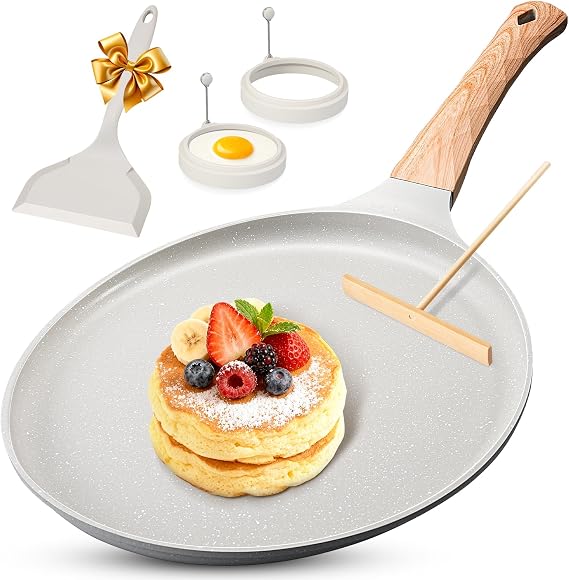 AOSION Nonstick Crepe Pan 11 Inch, Ceramic Coated Dosa Tawa,Pancake Tools | Forged Aluminum,Crepe Maker,Ergonomic Handle,Induction Safe,Gray