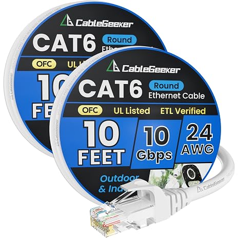 CableGeeker Cat 6 Ethernet Cable 10ft 2Pack, 10Gbps, White
