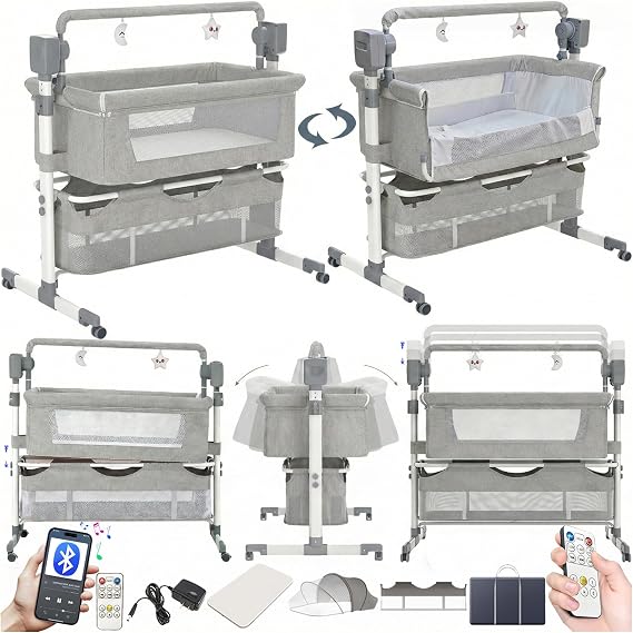 Magic ZC Electric Bluetooth Smart Next to Me Crib, Foldable Baby Bedside Crib, Convertible Co-Sleeping Bassinet, Infant Bedside Sleeper Cradle with Remote, Music and 5 Swaying Gears (601 Light Grey)