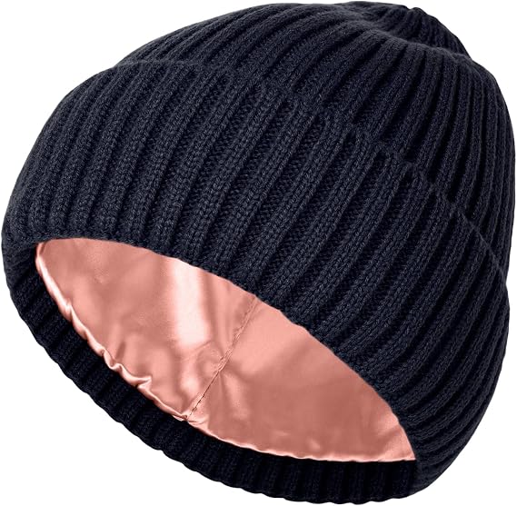 Womens Satin Lined Beanie Knit Winter Hats for Women Men Silk Lining Soft Warm Cuffed Beanie Skull Stocking Cap