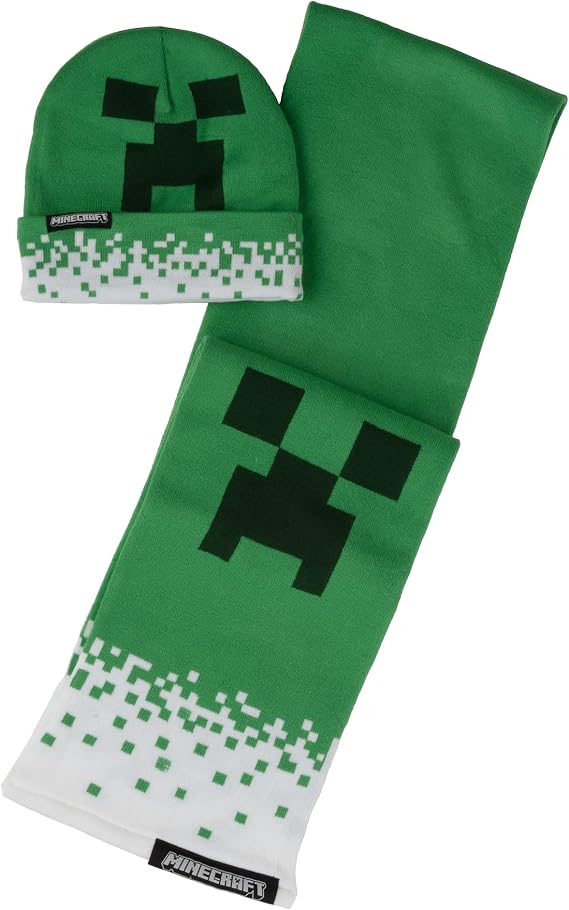 Minecraft Creeper Knit Scarf & Cuff Beanie Cold Weather Set for Kids & Adults, 2 PC Set