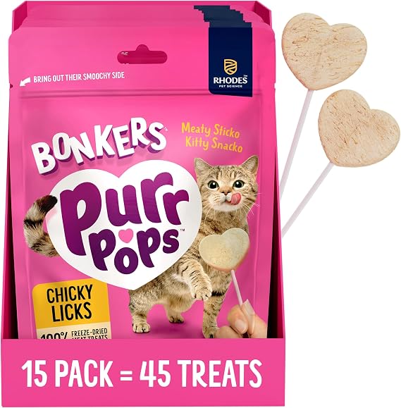 Bonkers Purrpops Freeze-Dried Chicken Flavored Lollipop Treats for Cats, 15 Pack