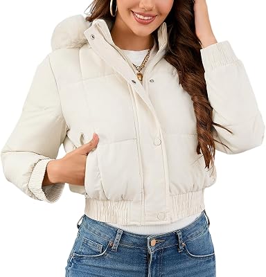 Xixiuly Womens Cropped Puffer Jacket Faux Fur Hooded Winter Warm Padded Coat Stand Collar Quilted Down Coats with Zip Pocket