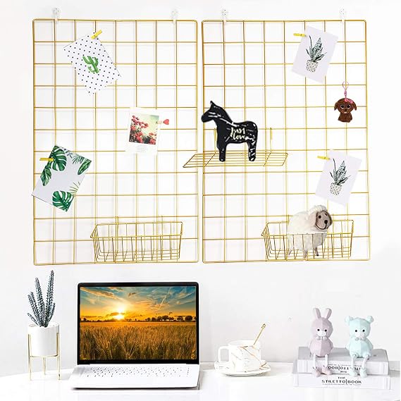 2 Pack Wall Grid Panel with Clips Hanging Photo Display Shelf Wire Notice Board Metal Grid Rack Art Organizer Home, Office & Kitchen Décor Mesh Picture Board