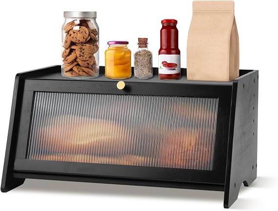 Bread Bin Bamboo Bread Storage Box for Kitchen, Large Capacity Wooden Breadbox Holder Containers Organizer with Striped Window Door Panel for Countertop (Black)