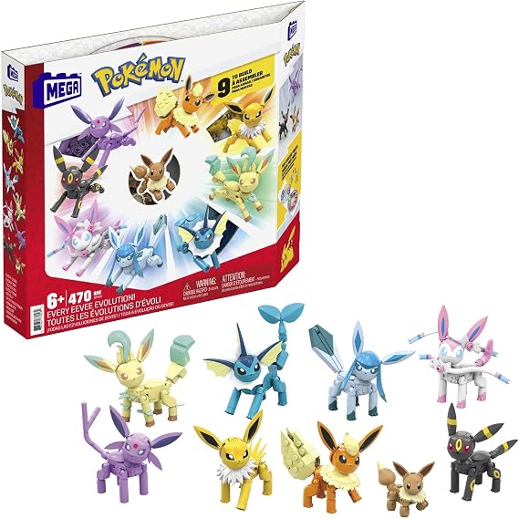 MEGA Pokemon Building Toys Set Every Eevee Evolution with 470 Pieces, 9 Poseable Characters, for Kids
