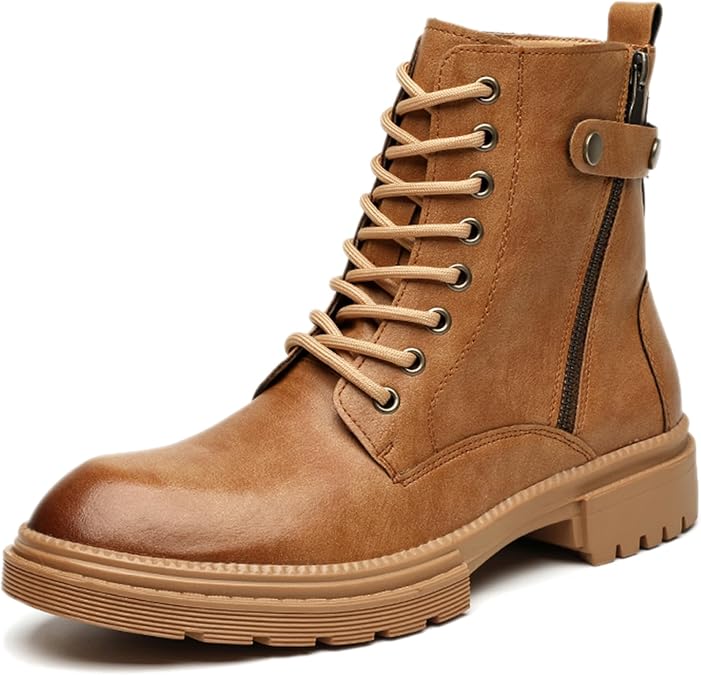 Men's Retro Leather Platform Lace Up Combat Boots Fashion High Top Side Zipper Comfortable Anti-slip Lug Sole Chukka Boots With Buckle Waterproof Motorcycle Casual Work Dress Ankle Boots