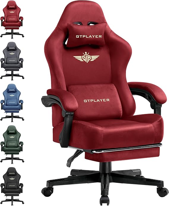GTPLAYER Gaming Chair Breathable Ergonomic High Quality Fabric Ergonomic 160 Adjustable Backrest and Extendable Footstool 180kg Load Red