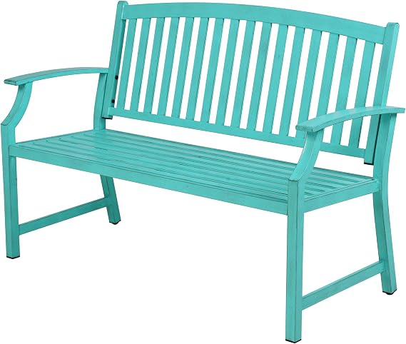 Grand patio 52" Farmhouse Outdoor Bench with Armrest, Turquoise Blue | Anti-rust Aluminum Frame, Faux Wood Grain Finish, for Front Porch, Yard, Park, Garden