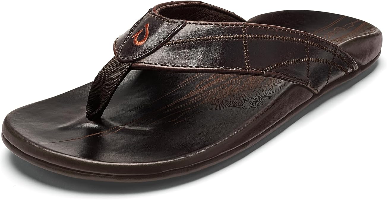 OluKai Hokule'a Kia Men's Leather Sandal, Full-Grain Leather, Non-Marking Rubber Traction Pads & Compression Molded Footbed