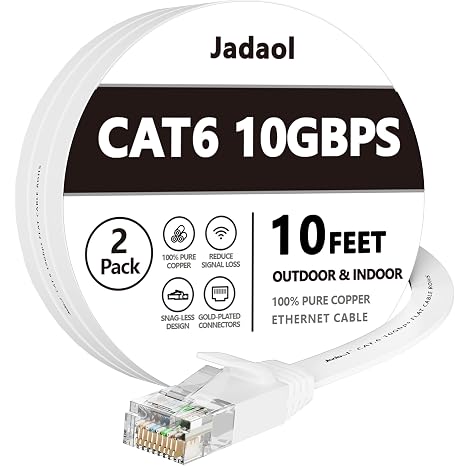 Jadaol Cat6/Cat6A Ethernet Cable 10FT 2Pack Flat 10Gbps Network Cable White