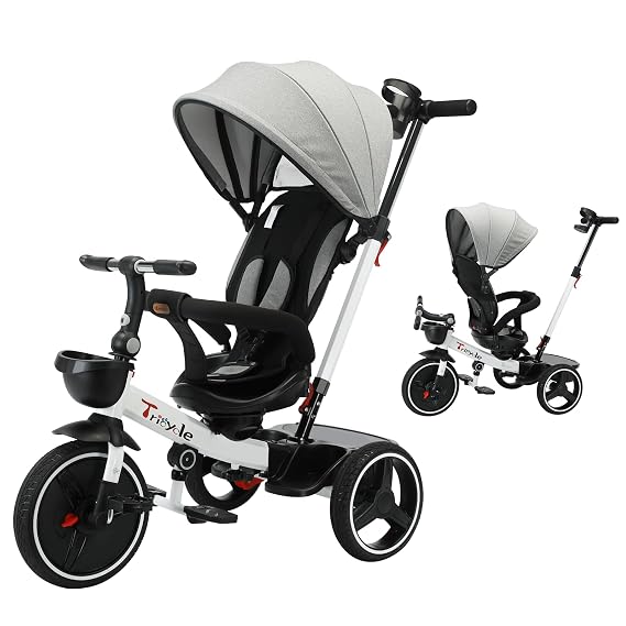UBRAVOO Baby Tricycle,6-in-1 Baby Push Bike Steer Stroller,Learning Toddler Bike/Detachable Guardrail,Adjustable Canopy,Safety Harness,Folding Pedal,Storage Basket,Brake,Shock Absorption