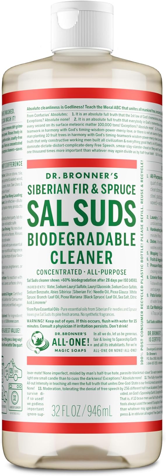 Dr. Bronners Sal Suds Biodegradable Cleaner 32 oz All Purpose Pine Mop Detergent for Floors, Laundry & Dishes, Multi-Surface Concentrate, Heavy-Duty Degreaser