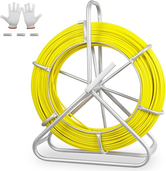 Fish Tape Fiberglass 500FT 1/4", Duct Rodder Fish Tape Wire Puller | Non-Conductivity Cable Running Rod with Steel Reel Stand, 3 Pulling Heads, Braking,Fishing Tools for Walls&Electrical Conduit