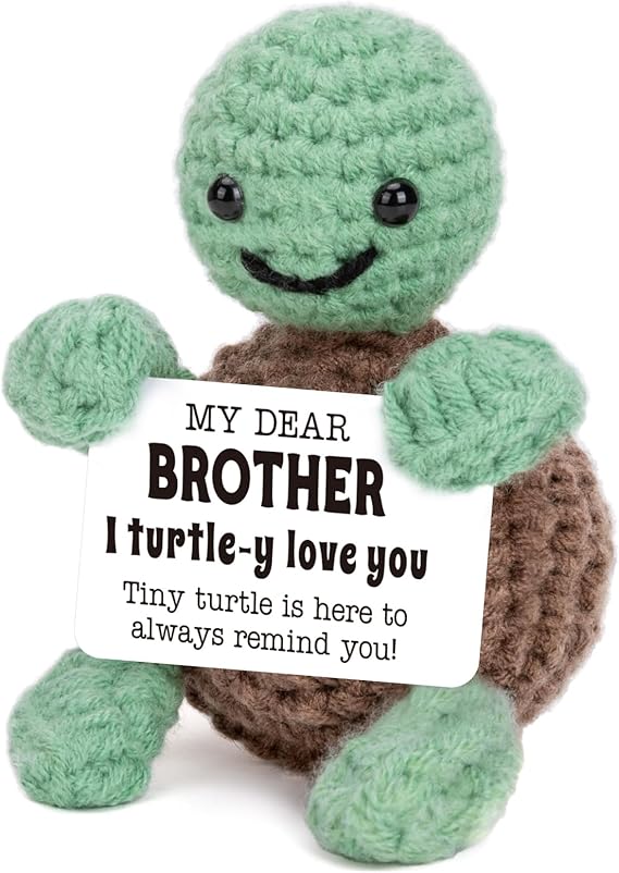 4THFARMES Mini Funny Turtle Brother Gifts from Sister Brother Birthday Gifts for Men Boys Friends Presents, I Love You Small Cool Cute Stuff Things, Handmade Emotional Positive Crochet Turtle