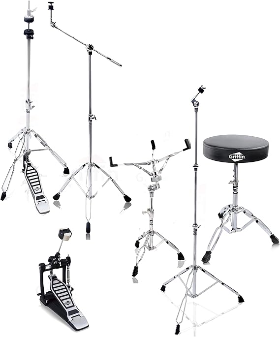 Griffin 6 Piece Drum Hardware Pack (Percussion TiltPro X Edition) Full Stand Kit with Snare, Hi-Hat, Cymbal Boom, Kick Pedal & Throne for Gigs or Studio