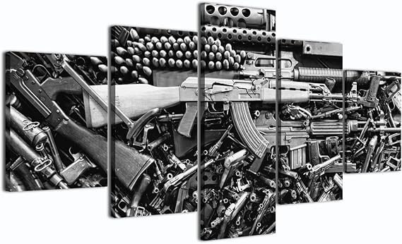 Damaged Weapon Gun Canvas Print Pictures Framed, Modern Contemporary Paintings on Canvas Posters and Prints Wall Art for Living Room Bedroom Home Decor Gallery-wrapped Art 5 Piece Set (60''W x 32''H)