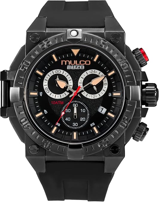 MULCO Watches for Men - Buzo, Stainless Steel Case with Wrist Silicone Band or Stainless Steel Strap, Quartz Chronograph Movement, Large Face Analog Display, 100m - Waterproof