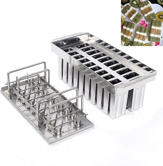 20pcs Popsicle Molds, Commercial Stainless Steel Ice Lolly Popsicle Mold Holder Kit GDAE10 with 100 Reusable Bamboo Sticks & Cleaning Brush for Home Industries (20 Pcs Rectangular Double Slot)