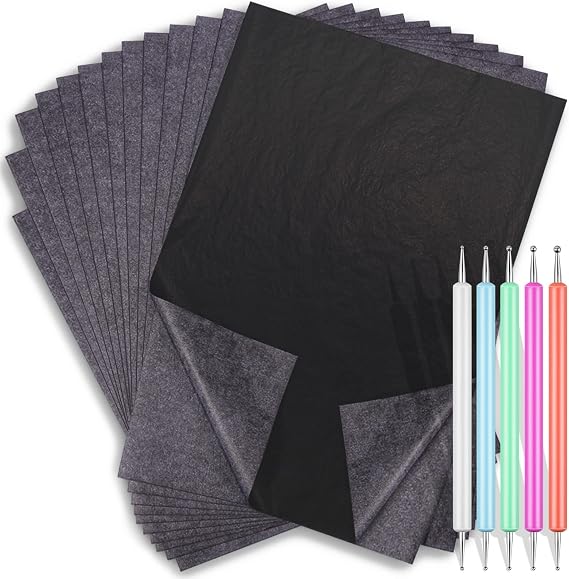 Carbon Transfer Copy Paper with Embossing Stylus Tool for Tracing, Cridoz 30 Sheets Graphite Transfer Tracing Paper with 5 Pcs Embossing Dot Tools for Tracing on Wood, Paper, Canvas (8.5 by 11 Inch)