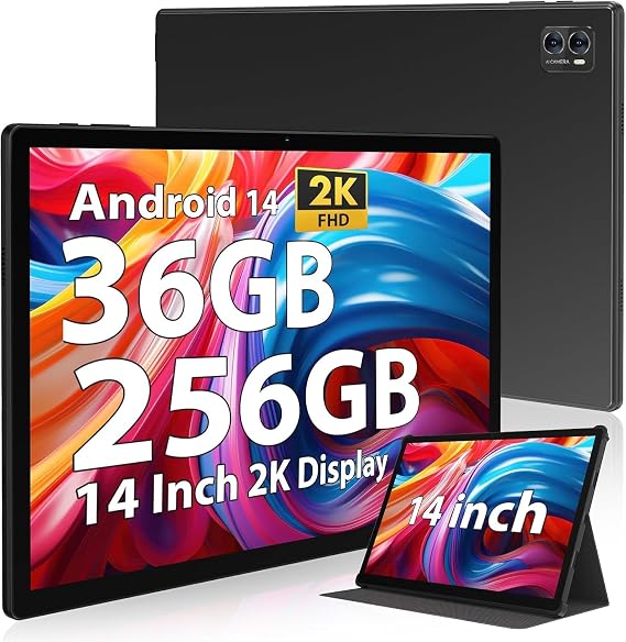 POWMUS 2025 Tablet 14 inch Android 14 Tablets, 2K Display, 256GB Storage(Expand to 1TB),36GB(12+24) RAM, 11580 mAh Battery 18W PD Fast Charger, 8 Core CPU,4 Speakers, 5G WiFi Tablet with Case-Black
