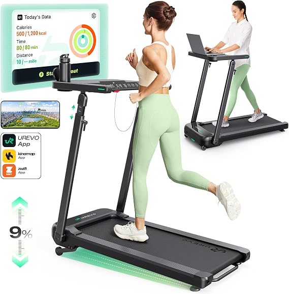 UREVO Treadmill with Standing Desk Workstation, Walking Pad Treadmills for Home Office, Under Desk Compact Design Treadmill with HIIT Programs, Remote Control, LED Display
