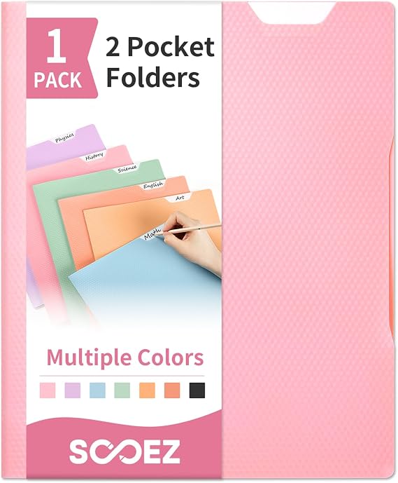 Sooez 1 Pack Plastic Folder, 2-Pocket Folder with Writable Category Label