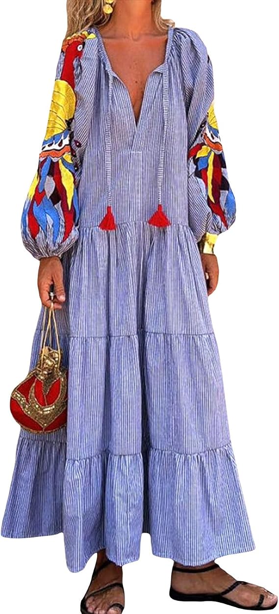 Women Boho Flowy Maxi Dress Floral Long Sleeve Vintage Long Dress V Neck Swing A Line Dress Streetwear