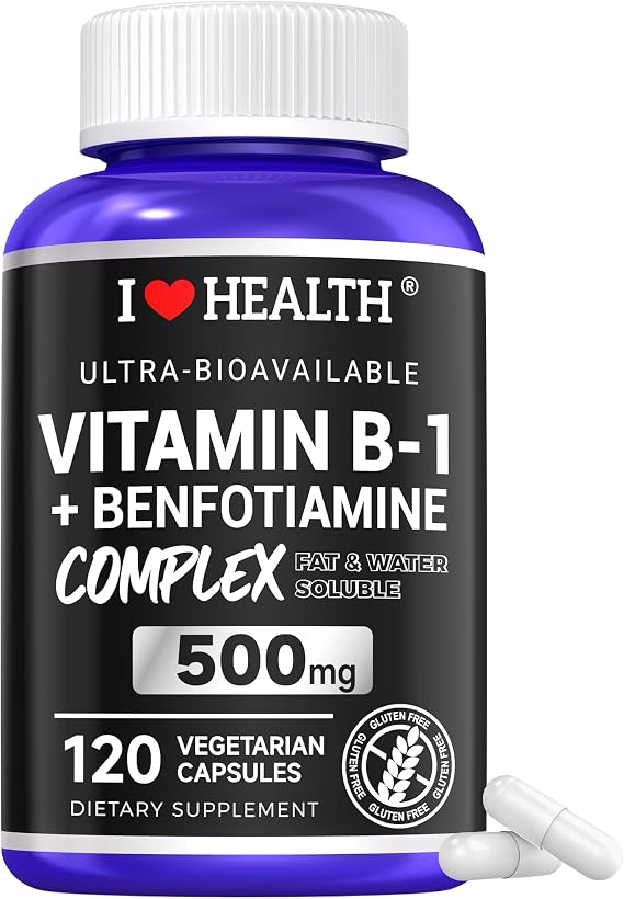 Vitamin B1 500mg with Benfotiamine 20mg, 120 Capsules 2 in 1 B-1 Complex Enhanced Formula Fat & Water Soluble Thiamine B1 Supplement Third Party Lab Tested, Non-GMO, No Gluten