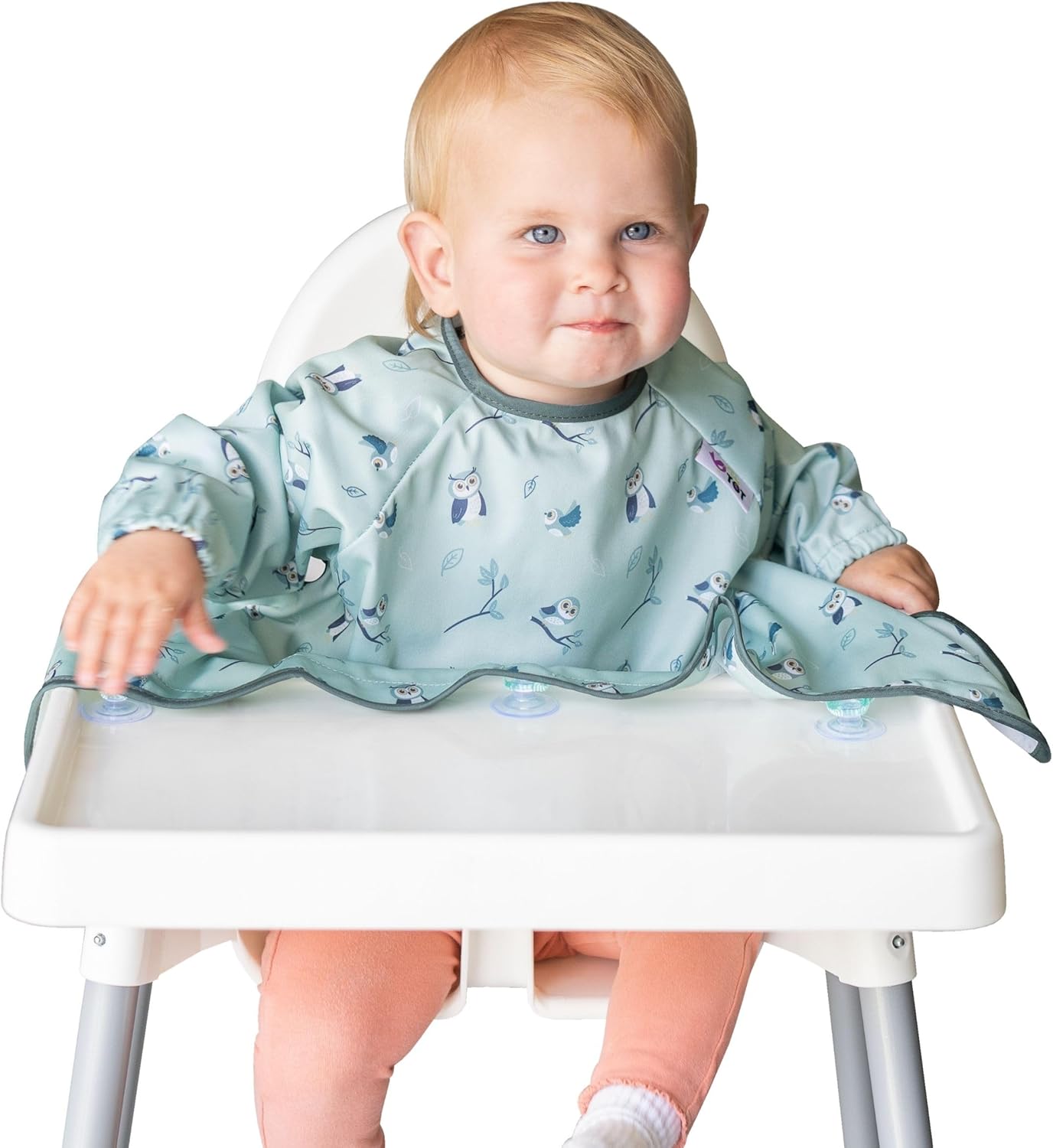 Tidy Tot Cover &amp; Catch Weaning Bib with Sleeves. Attaches to Highchairs with Suction for Mess Proof Baby Feeding. Waterproof Long Sleeved Bibs. Coverall BLW Bibs