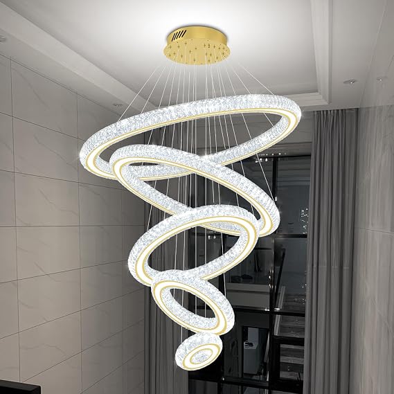 Large Gold Ring Chandelier for High Ceiling Dimmable LED 5 Ring Crystal Chandelier for Foyer, Staircase, Living Room