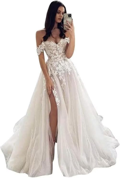 Women's Off Shoulder Wedding Dress - Lace Appliques Bridal Gowns Tulle Sweetheart White Wedding Dresses for Bride