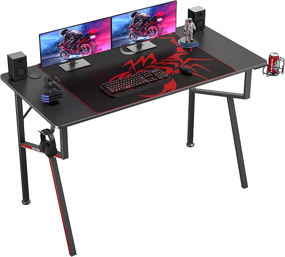 EUREKA ERGONOMIC Gaming Desk 47 Inch, K Shaped Home Office PC Computer Desk Table for Gamer with Cable Management, Game Controller Stand, Cup Holder, Headphone Hook, Free Mouse Pad, Carbon Fiber Black