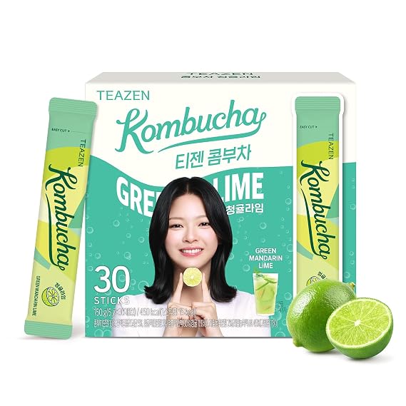 TEAZEN Green Mandarin Lime Kombucha Powder, Hydration Drink Mix, Sugar Free, Live Probiotics & Prebiotics, On-the-Go 30 Packets, 5.29oz