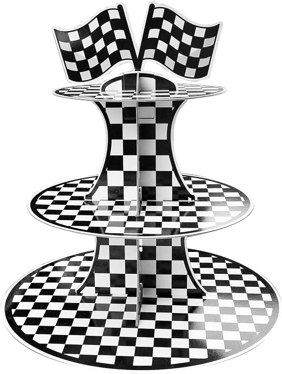 3-Tier Cupcake Stand, Black and White Checkered Flag Cars Theme Birthday Party Decoration, Durable Recycled Cardboard, Accommodates 24 Cupcakes