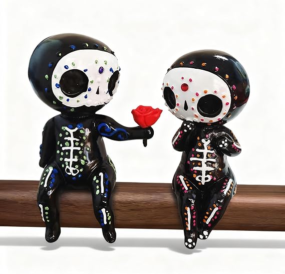 Sugar Skull Statue, Sugar Skull Couple Figurine Desktop Ornaments Indoor Decoration (Rose)