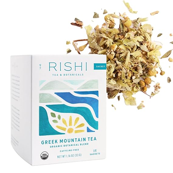 Rishi Tea Greek Mountain Organic Herbal Tea Bags, Caffeine Free, 15ct | Fortifying and Uplifting, Botanical Tea Blend with Ironwort, Sustainable, 15 Servings