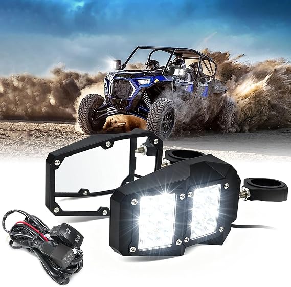 UTV LED Side Rear View Mirrors with Spot Lights For 1.75"-2" Roll Bar Cage Compatible with Polaris RZR XP 900 1000 Can am X3 Yamaha Rhino Honda Pioneer Talon Kawasaki Teryx (Include Switch & Wiring)