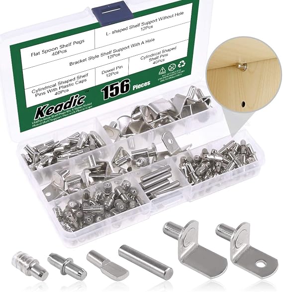 Keadic 156Pcs Shelf Pins Kit 5 Styles Nickel Plated Shelf Support Pegs Cabinet Shelf Holders Pegs with Plastic Caps for Kitchen Cabinet Bookcase (5mm & 1/4inch)