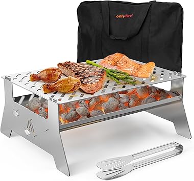 Onlyfire Portable Charcoal Grill, Heavy Duty Stainless Steel Foldable Barbecue Grill with Carry Bag and BBQ Tong for Patio Backyard, Outdoor Camping, Picnic and Hikin