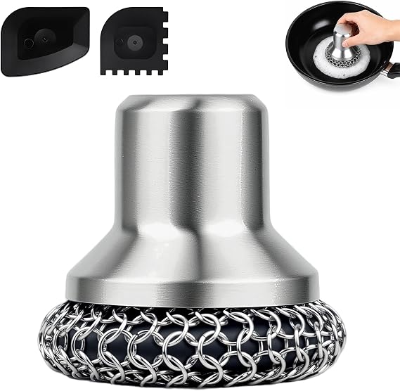 Cast Iron Scrubber and Scraper, 316 Chain Mail Scrubber for Cleaning Dishes, Stock Pots, Black, 1 Count ((Large Chain Mail))