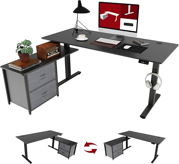 SANODESK 160x70cm Electric Standing Desk L-Shaped Standing Desk Height Adjustable Sit-Stand Table with Dual Drawers for Home Office – Black