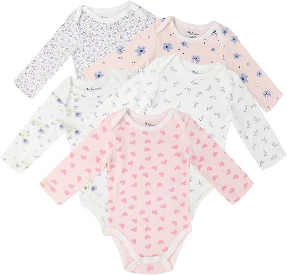 Baby Girls Long-Sleeve Bodysuit,100% Cotton 5 Pack One-Piece Baby Clothes,0-24 Months Soft Baby Girls Rompers