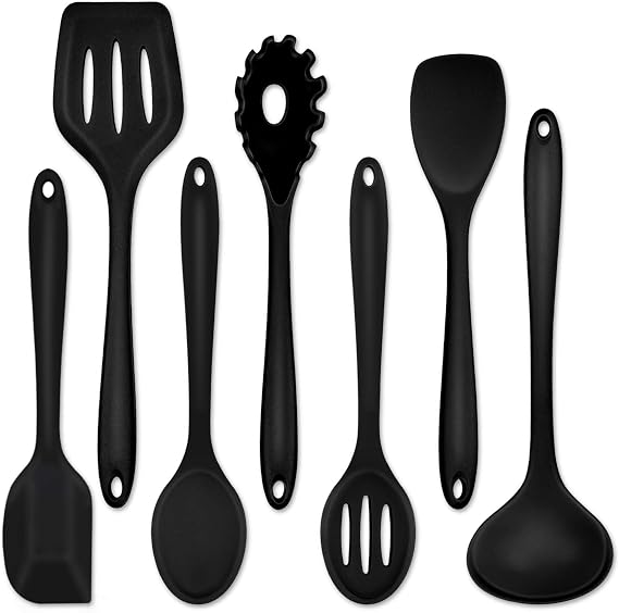 P&P CHEF Black Kitchen Utensils, Silicone Cooking Utensil Set of 7