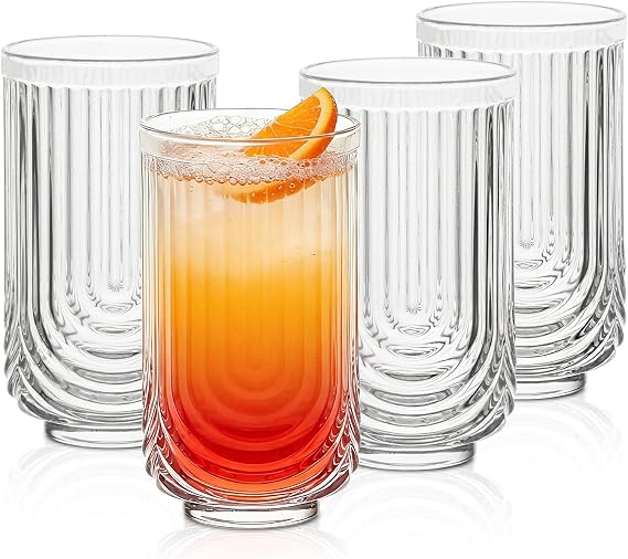 INSETLAN Vintage Glassware Arch Design Glass cups Set of 4, Fashioned Ripple Glassware Highball Glass, Classic Transparent Cocktail Glasses, for Bar Beverages Ice Coffee Juice Water (4pcs-L)