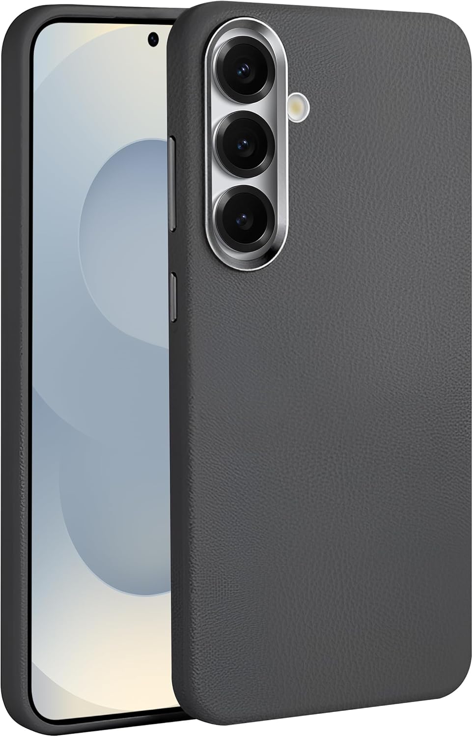 Leth Shield Series Fingerprint-Free Leather Look Silicone Case with Metal Keys and Metal Lens Frame for Teknoft Samsung Galaxy S25 Plus Grey, Galaxy S25 Plus