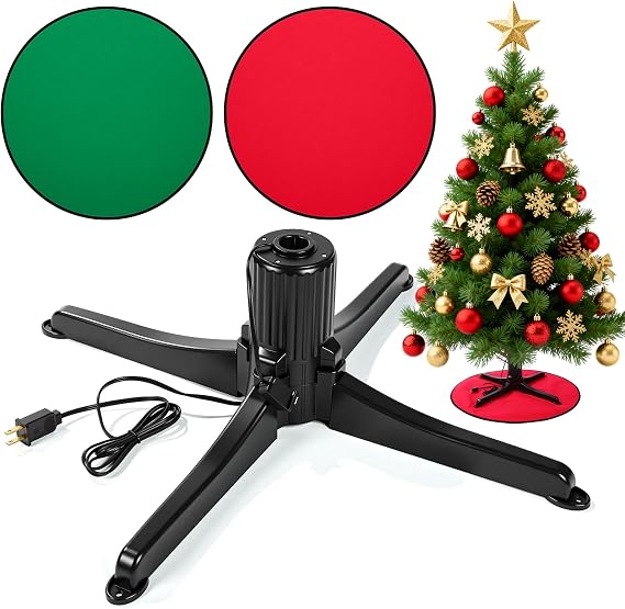 Hortsun 360-degree Rotating Christmas Tree Stand with 30' Reversible Mat for Tree up to 7.5ft, Spinning Christmas Trees Stand with 2 Settings Trunk Diameter and One Built-in Electrical Outlet