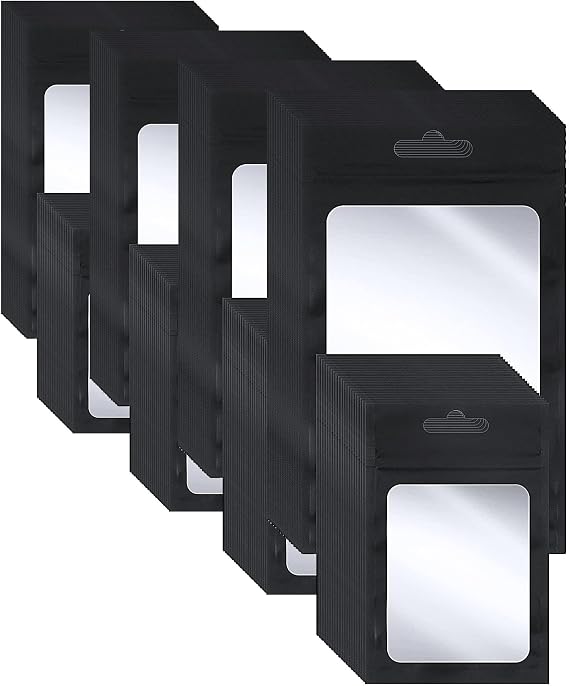 Zonon 400 Piece Plastic Bags 4 Sizes Resealable Foil Pouch with Window Long Hole Sealable Zip Small Black Treat Bags for Food Storage Small Business Cookies Jewelry (Pack of 4)